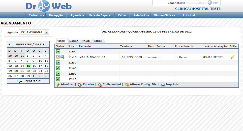 Tela de agendamento do sistema DoutorWeb